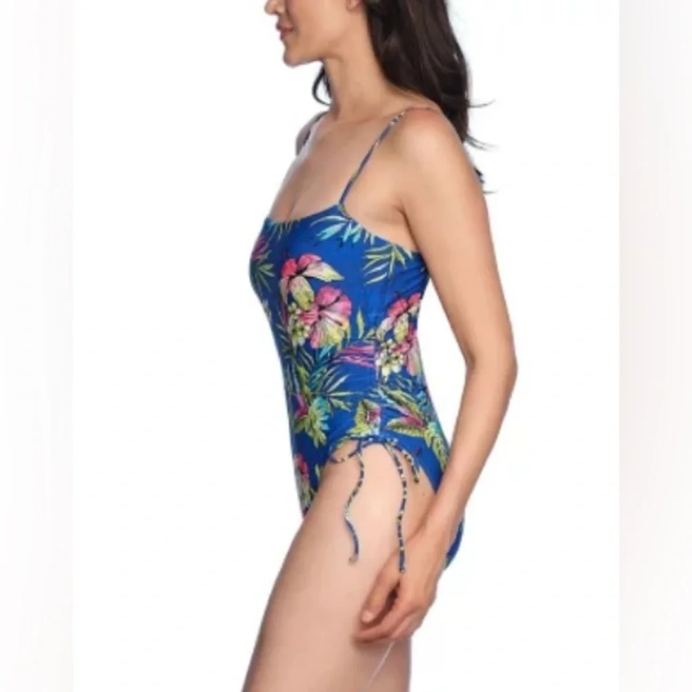 NWT Loft Women's Shirred Side Tie One-Piece Swimsuit Blue Tropical Size Medium - Picture 4 of 14
